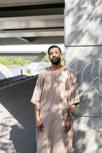 Caramel Linen thobe — outdoor front view