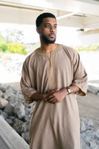 Caramel Linen thobe — outdoor front view