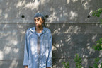 Baby Blue Linen thobe — outdoor angled front view