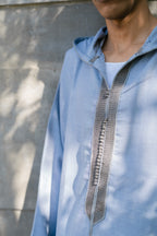 Baby Blue Linen thobe — hood and neckline detail