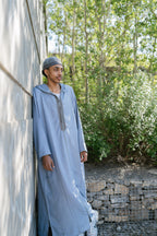 Baby Blue Linen thobe — outdoor full-length view