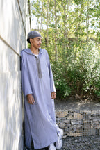Lavender Linen thobe — outdoor side view