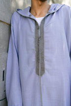Lavender Linen thobe — hood and neckline detail