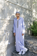 Lavender Linen thobe — outdoor full-length front view