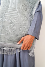 Silver Sajadah prayer mat — pattern and fringe detail with model