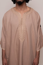 Caramel Linen thobe — studio angled front view