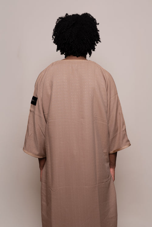 Caramel Linen thobe — studio back view
