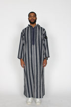 Midnight Striped thobe — front view with hood down