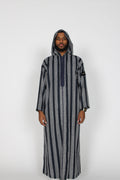 Midnight Striped thobe — full-length front view with hood up