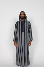 Midnight Striped thobe — full-length front view with hood up