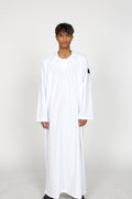 Bleached Emirati thobe — full-length front view