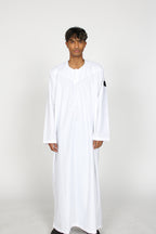 Bleached Emirati thobe — full-length front view