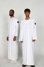 Bleached Emirati thobe — two-model full-length view