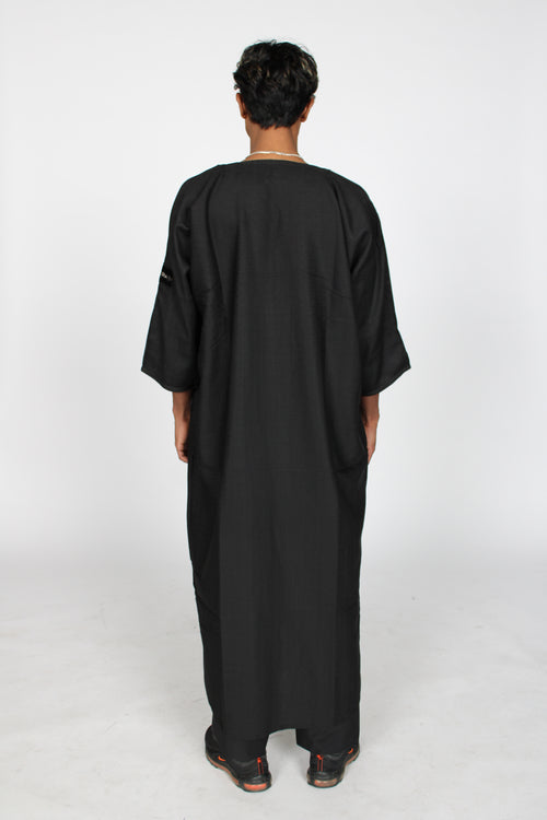 Charcoal Linen thobe — full-length back view